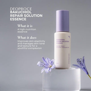 Deoproce Bakuchiol Repair Solution Essence 50ml bottle with clear liquid in a sleek packaging.