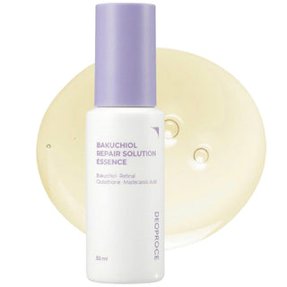 Deoproce Bakuchiol Repair Solution Essence 50ml bottle, clear liquid essence for skin repair and rejuvenation.