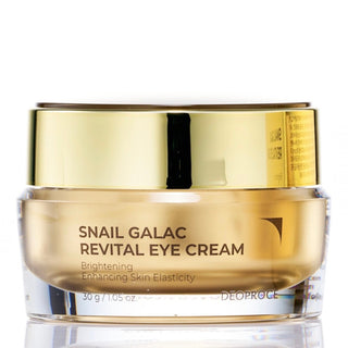 Deoproce Snail Galac Revital Eye Cream jar showing the 30g container with the product label and packaging details.