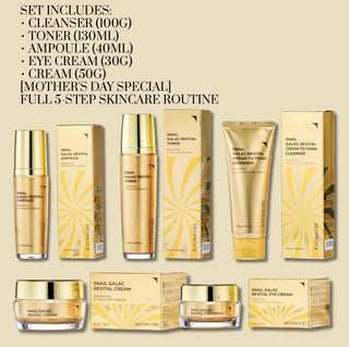 Deoproce Snail Galac Line 5-piece skincare set with jars and bottles featuring snail extract for moisturizing and rejuvenation.