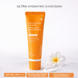 Deoproce Ultra Hydrating Sunscreen tube showing the product label with no white cast, suitable for daily skincare protection.