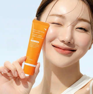 Deoproce Ultra Hydrating Sunscreen with no white cast, SPF protection, creamy texture, and smooth application on skin.