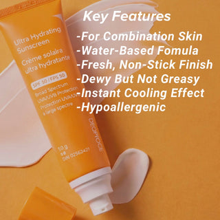 Deoproce Ultra Hydrating Sunscreen bottle with no white cast, close-up shot showing the product label and packaging details.