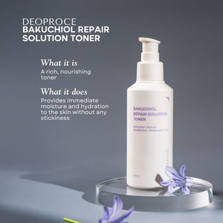 Deoproce Bakuchiol Repair Solution Toner 150ml bottle with clear liquid and white cap, for skincare and skin nourishment.