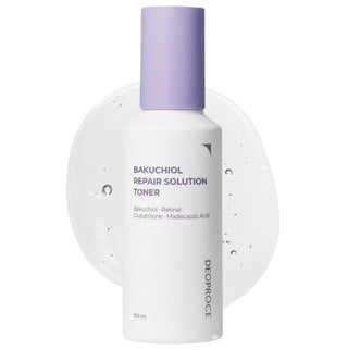 Deoproce Bakuchiol Repair Solution Toner in a 150ml bottle, featuring a clear liquid and minimalist packaging design.