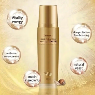 Deoproce Snail Galac Revital Toner 130ml bottle with clear label and pump dispenser, skincare product for rejuvenation and hydration.