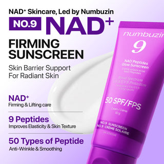 Numbuzin No.9 NAD Peptides Glow Sunscreen bottle with pump dispenser, white packaging, and product label visible.
