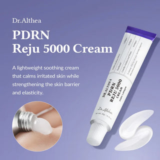 Dr. Althea PDRN Reju 5000 Cream 20ml jar displaying creamy texture and product label on a clean surface.
