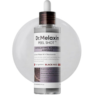 Dr.Melaxin Peel Shot exfoliating black rice ampoule bottle, 80ml, with black rice extract for facial skin exfoliation and skincare.