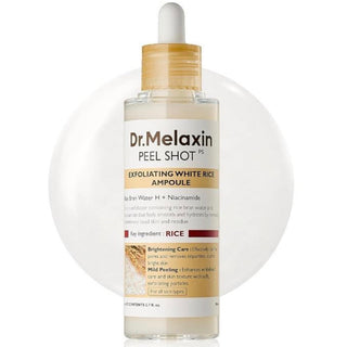 Dr.Melaxin Peel Shot exfoliating white rice ampoule in a clear 80ml bottle, showcasing the skincare product for brightening and exfoliation.