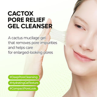 Dr. Melaxin CACTOX Pore Relief Gel Cleanser 120ml bottle with clear label and pump dispenser for deep pore cleansing.