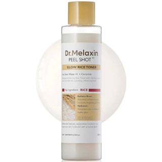 Dr.Melaxin Peel Shot Glow Rice Toner 200ml bottle with white cap and label featuring rice imagery and skincare branding.