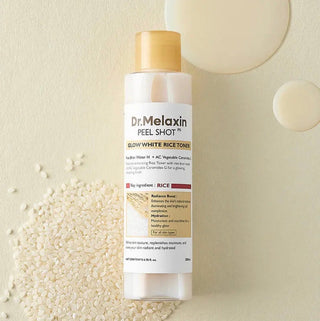 Dr.Melaxin Peel Shot Glow Rice Toner 200ml bottle with white cap and clear label, designed for skincare and brightening.