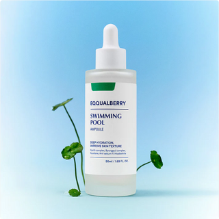 Eqqualberry swimming pool ampoule 50mL, clear liquid in a small glass vial, designed for pool water treatment.