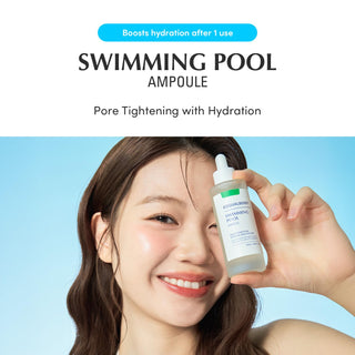 Eqqualberry Swimming Pool Ampoule 50mL, clear liquid in a small ampoule for pool water treatment, labeled with product details.