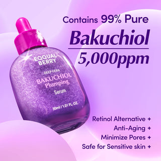 Eqqualberry Bakuchiol Serum 30mL bottle with dropper, showcasing clear glass container and product label for natural skincare.