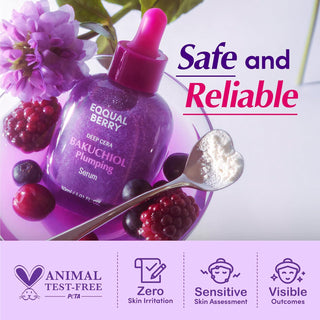 Eqqualberry Bakuchiol Serum 30mL bottle, clear glass container with dropper for skincare treatment.