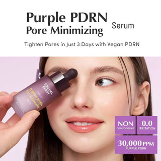 Eqqualberry Purple PDRN pore minimizing serum in a 30ml bottle, featuring a sleek purple packaging and dropper applicator.