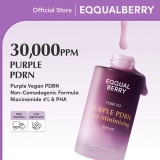 Eqqualberry Purple PDRN pore-minimizing serum in a 30ml bottle, showing the sleek purple packaging and serum dropper.