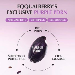 Eqqualberry Purple Pdrn pore minimizing serum in a 30ml bottle, showing the sleek purple packaging and serum texture.