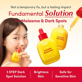 Eqqualberry Vitamin Illuminating Serum 30mL bottle, smooth texture, and clear packaging with bright, healthy skin background.