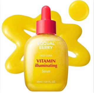 Eqqualberry Vitamin Illuminating Serum 30mL bottle with dropper, showcasing clear, glowing liquid for radiant skin.
