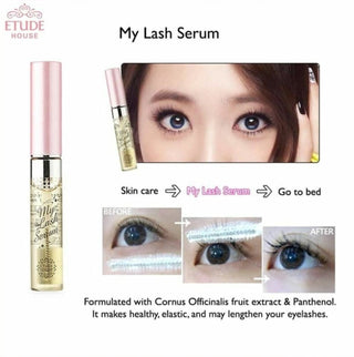 Etude My Lash Serum 9g bottle with applicator brush, designed to enhance and strengthen eyelashes naturally.