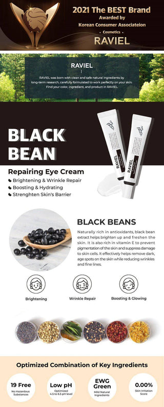 Raviel Black Bean Repairing Eye Cream in 20ml tube, smooth texture, designed to reduce puffiness and dark circles around the eyes.