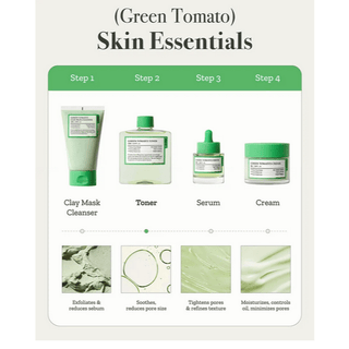 FULLY Green Tomato Toner bottle showing 250mL size, natural skincare product with fresh green tomato imagery.