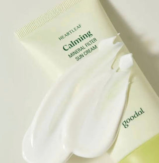 Goodal Heartleaf Calming Mineral Filter Sunscreen in a tube, showing the sun cream with calming and mineral properties.