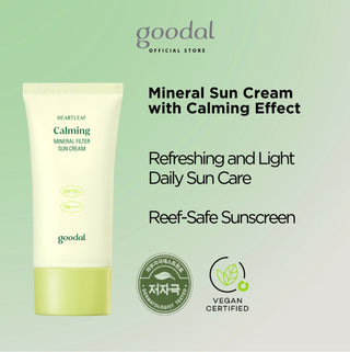 Goodal Heartleaf Calming Mineral Filter Sunscreen in a tube, showcasing its packaging and design for sun protection.