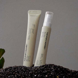 Haruharu Wonder Black Rice Bakuchiol Eye Cream jar showing creamy texture and black rice ingredients for gentle eye skincare.