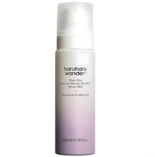 Haruharu Wonder Black Rice Probiotics Barrier NAD+ Serum Mist in an 80ml bottle, showcasing the sleek packaging and mist nozzle.