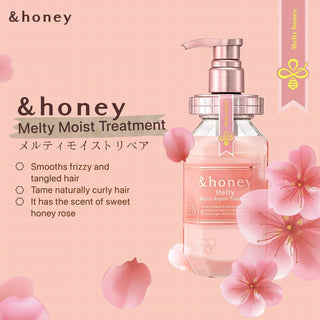 &HONEY Vicrea Melty Moist Repair Hair Treatment 2.0 hair cream applied to damp hair, showing smooth, shiny hair after use.