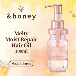 &HONEY Vicrea Melty Moist Repair Hair Oil bottle with pump dispenser, showcasing smooth, shiny hair and nourishing formula.