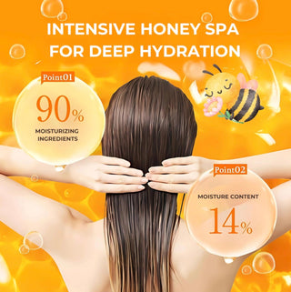 &HONEY Vicrea Deep Moist Shampoo bottle with label, showcasing shiny, healthy hair in a bright, natural setting.