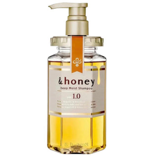 Bottle of &HONEY Vicrea Deep Moist Shampoo with label visible, showcasing the shampoo's moisturizing formula and brand branding.