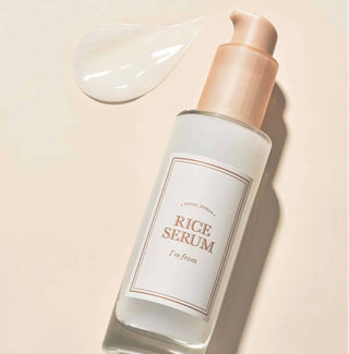 I'm From Rice Serum for dull skin, featuring a sleek bottle with clear labeling, designed to brighten and improve skin radiance.