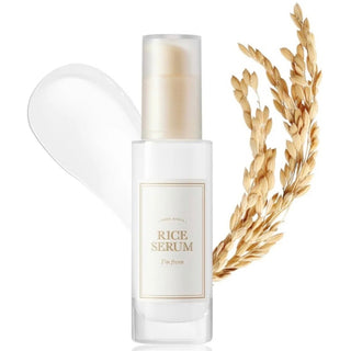 I'm From Rice Serum for dull skin, featuring a sleek bottle with a dropper, highlighting natural skincare with rice extract.
