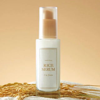 I'm From Rice Serum for dull skin, featuring a sleek bottle with a dropper, designed to brighten and revitalize skin.