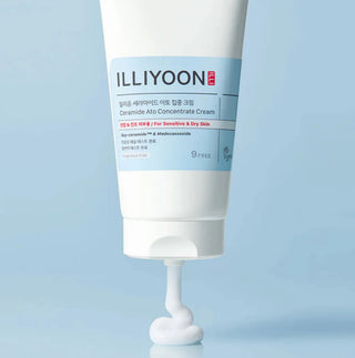 Illiyoon Ceramide Ato Concentrate Cream jar, moisturizing skincare product with a white and blue container.