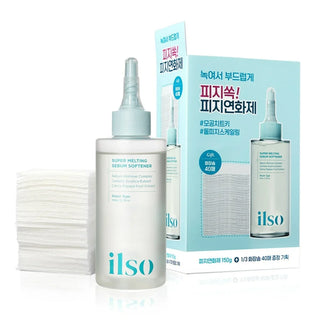 ILSO Super Melting Serum Softener with cotton pads, hydrating toner and serum for smooth, refreshed skin in a skincare set