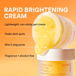 Innisfree Vita C Green Tea enzyme brightening gel cream jar, showing the green tea-themed packaging and product texture