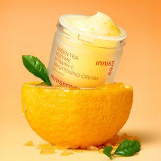Innisfree Vita C Green Tea Enzyme Brightening Cream gel cream in 50mL jar with green tea imagery on the label
