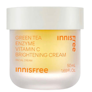 Innisfree Vita C Green Tea Enzyme Brightening Gel Cream in a 50mL jar, showing the smooth, light green cream inside.