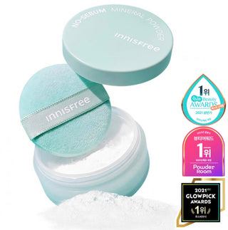 Innisfree No Sebum Mineral Powder in a 5g container, white loose powder designed to control oil and shine on the skin.