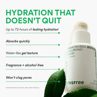 Innisfree Green Tea Seed Hyaluronic Acid Serum bottle with green tea leaves and clear serum inside, 80mL.