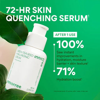Innisfree Green Tea Seed Hyaluronic Acid Serum bottle, 80mL, featuring green tea leaves and serum texture in clear packaging.