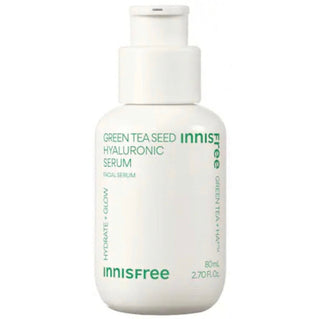 Innisfree Green Tea Seed Hyaluronic Acid Serum in a clear 80mL bottle, showcasing the serum's packaging and green tea branding.