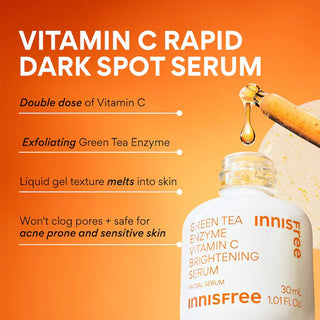 Innisfree Vita C Green Tea Enzyme Brightening Serum 30mL bottle with green tea and vitamin C ingredients visible